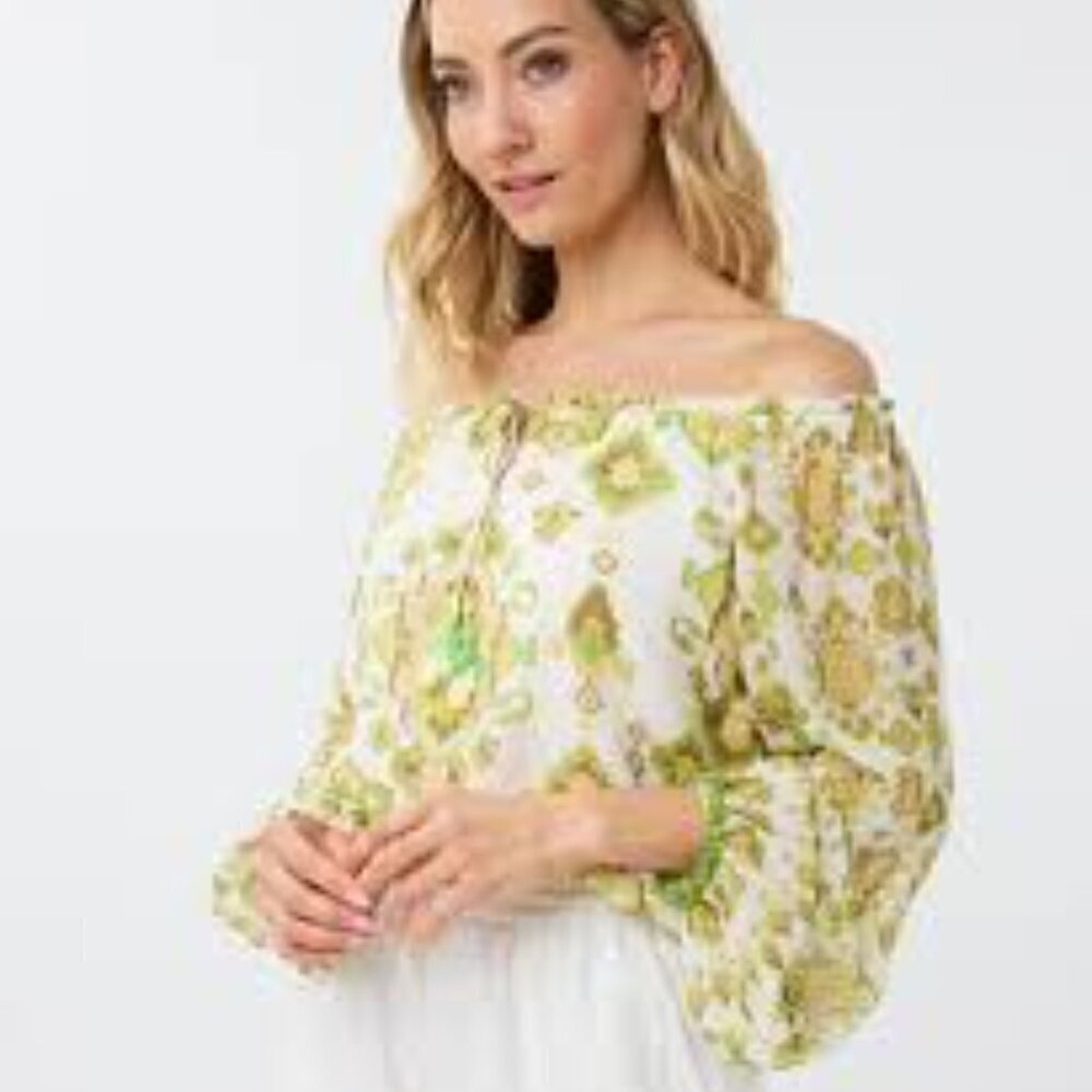 Esqualo Paradise Dunes top shirt blouse flowy tie boho green tassel new 6 Small